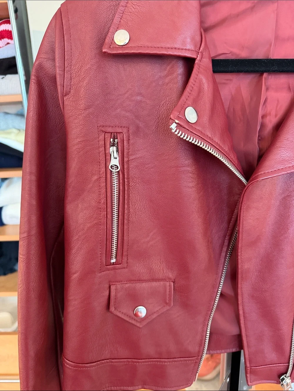 Women’s Red Faux Leather Moto Jacket
